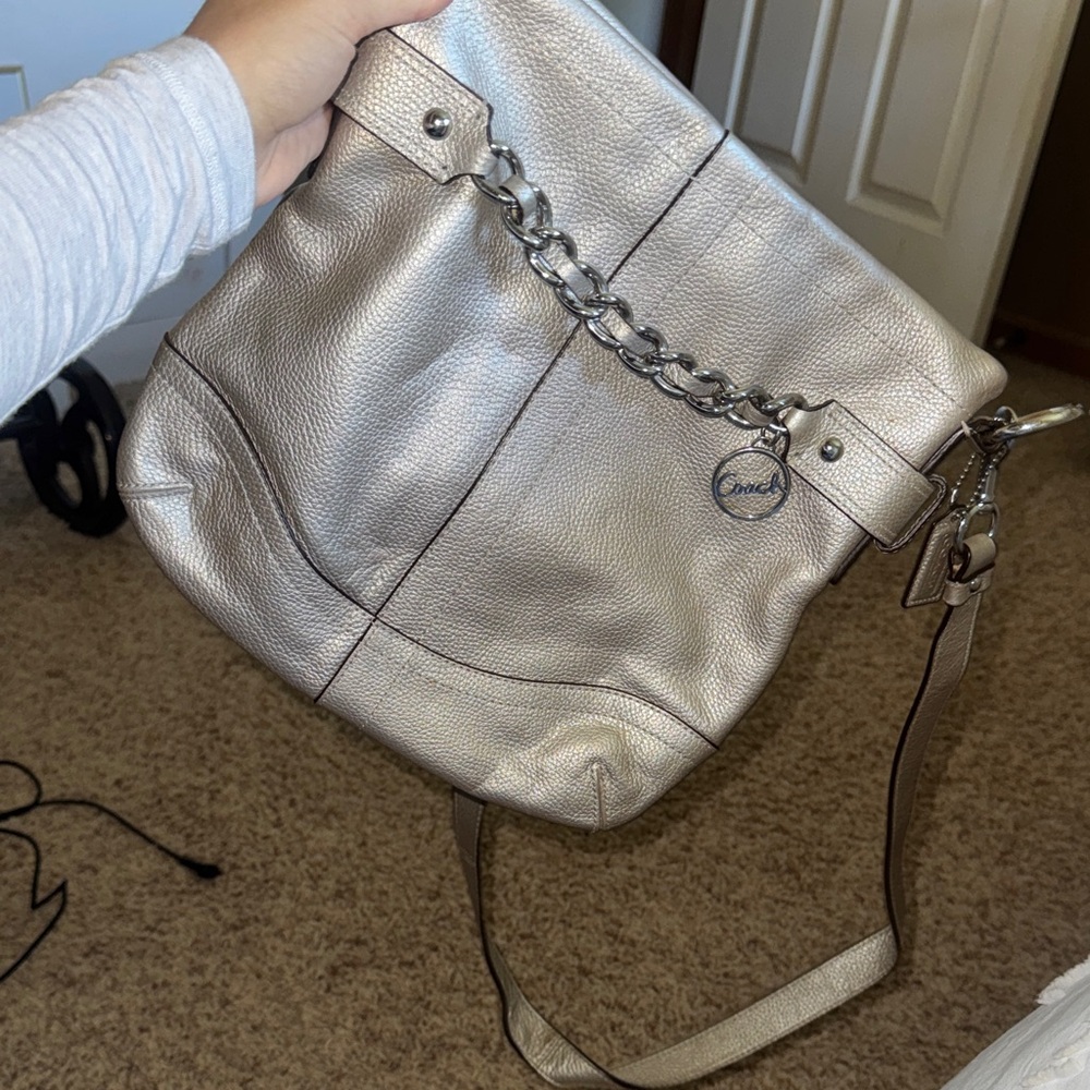Coach Metallic Pewter Pebbled Leather Shoulder Bag with Chain Accent